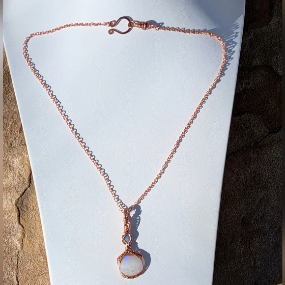 Mystical Opal Amulet Necklace Artisan Copper Wire Wrap With Dainty Chain - Picture 12 of 15